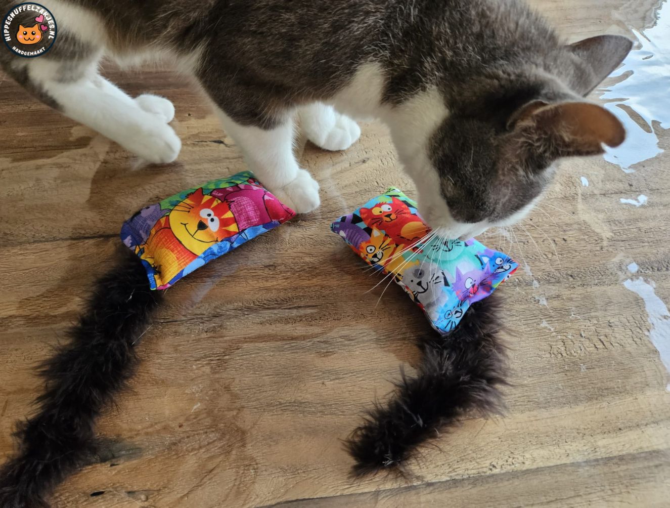 Snuffelzakje Geluid Vrolijke kat met zwarte staart  (gevuld met catnip, matatabi knisper)