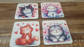 Set van 4 Handgemaakte Kat & Hartjes Onderzetters – Liefde op het eerste miauw 💕🐾