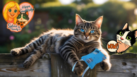 Snuffelzakje Kat – Blauw Kattenprint (Handgemaakt met Geurexplosie! Catnip, valeriaan én Matatabi, en Knisper) plus lintjes