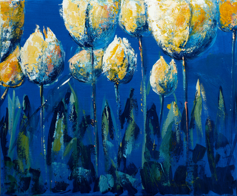 Tulips yellow/blue - reproduction on art poster
