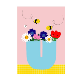 Postkaart | Vaas met bloemen en bijen