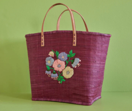 Tas raffia Aubergine met geborduurde bloemen L - Rice