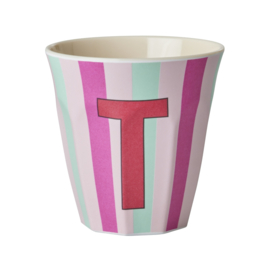 Melamine alfabet beker Letter T - Streep roze | Rice