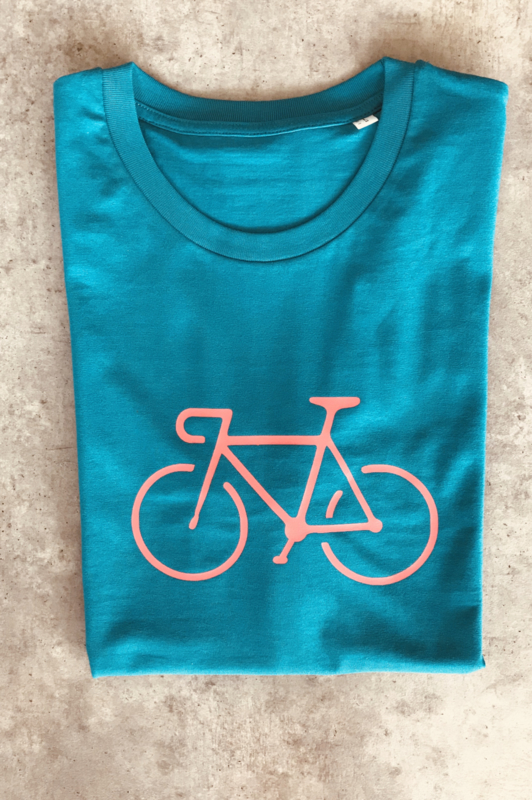 Ongrijpbaar stil hoog Petrol heren t-shirt met fiets print.