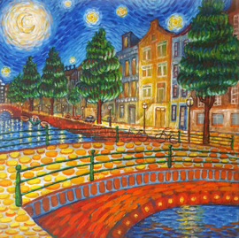 SCHILDERIJ GRACHT MAANLICHT AMSTERDAM