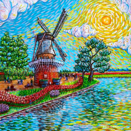 SCHILDERIJ KEUKENHOF MOLEN AAN HET WATER