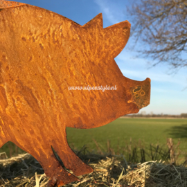 Varken 22 bij 34 cm op dwarsstaven. Roest Metaal Decoratie