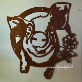 Vrolijk varken wandhanger, 31 x 27 cm. Roest metaal decoratie