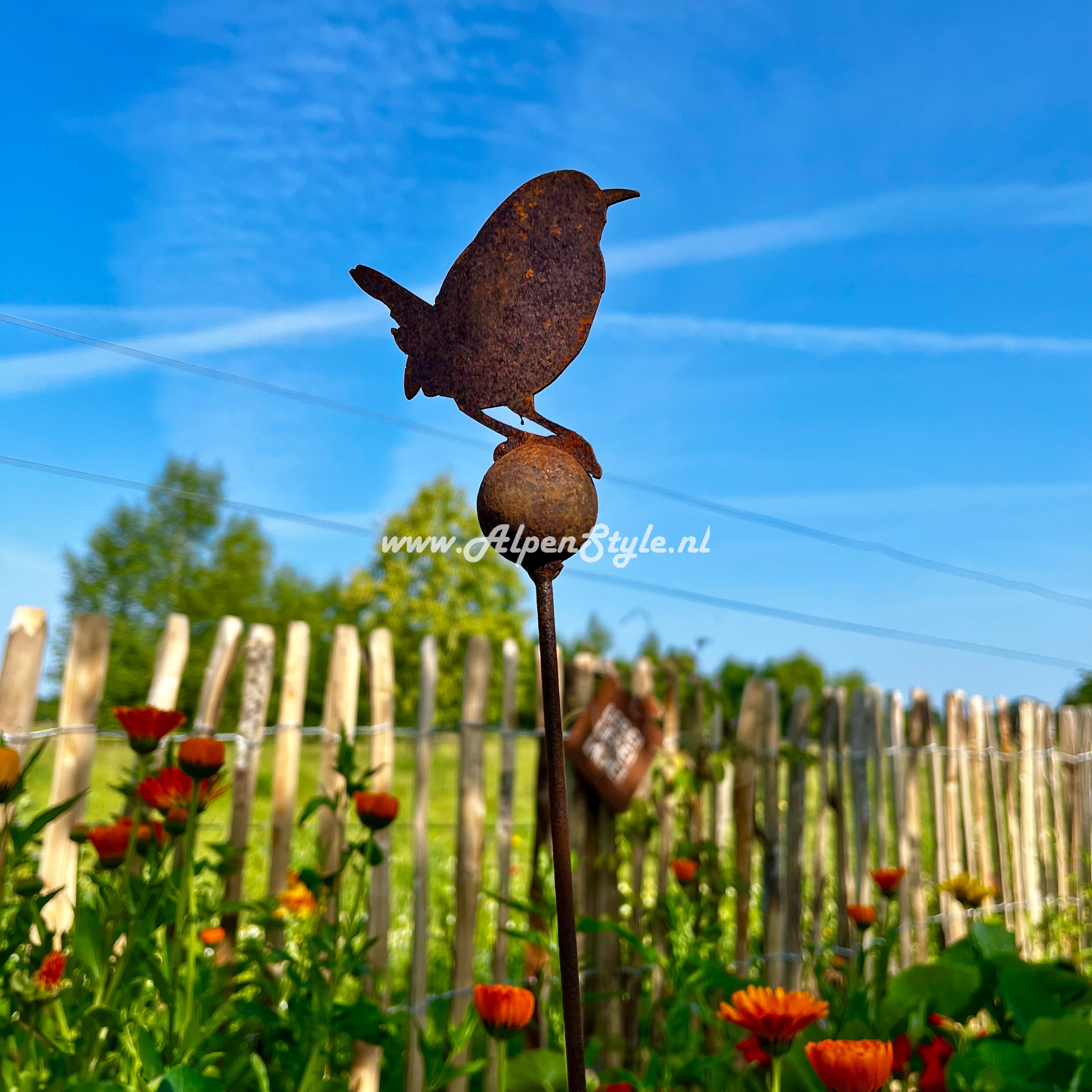 Vogels op wiebelstaaf met gewichtsbol (set van 3!) 115 x 8 cm, Roest metaal tuindecoratie