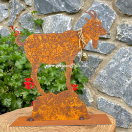 Berggeit met bel, 33 x 29 cm, handgemaakt, Roest metaal tuindecoratie