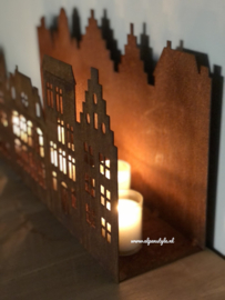 Licht huisjes, 50 x 25 x 12 cm. Roest Metaal Decoratie