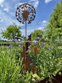 Paardenbloem (groot) met bladeren 140 x 34 cm. Roest metaal tuindecoratie