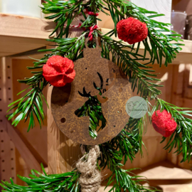 Kerstbal met hert 14 x 12 cm, Roest Metaal decoratie