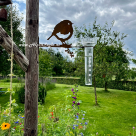 Groot roodborstje met regenmeter, Roest Metaal Tuin Decoratie