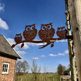 Vier uiltjes op tak, 39 x 18 cm, Roest Metaal Decoratie