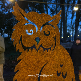 Uil op natuursteen sokkel, 40 x 20 cm, Roest metaal tuindecoratie