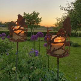 Vogel windlichthouder,  tuinsteker. ⌀ 15 cm, lengte 145 cm. Roest Metaal Decoratie