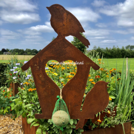 Vogeltjes op huisje, tuinsteker, 42 x 30 x 160 cm, Roest Metaal Decoratie