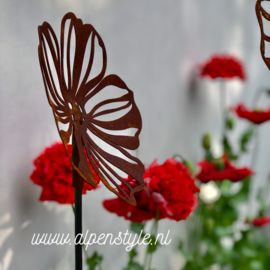 Cosmea bloem gebogen, tuinsteker. 21 x 120 cm. Roest Metaal Decoratie