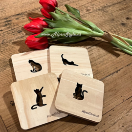 AlpenStyle houten onderzetters,  Katten (set van 4)