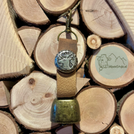 Bel met riem, donker en licht bruin leer. 13,5 x 3 cm