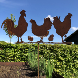 Kippen familie op tuinsteker, 65 x 150 cm. Roest Metaal Decoratie