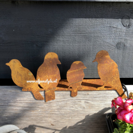 4 Vogeltjes op een rijtje, 34 x 18 x 8 cm. Roest Metaal Decoratie