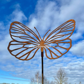 Vlinder Tuinsteker, (landkaartje) sierlijk uitgesneden, 34 x 26 x 130 cm, Roest Metaal Tuindecoratie