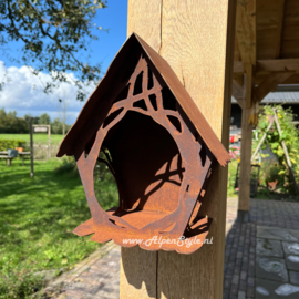 Vogelvoederhuis hangend met takken motief, 25 x 22 cm, Roest metaal tuindecoratie