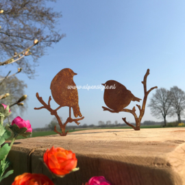 Vogeltje op tak "zittend", 13 x 10 cm. Roest Metaal Decoratie