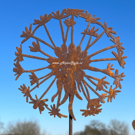 Paardenbloem (groot) met bladeren 140 x 34 cm. Roest metaal tuindecoratie