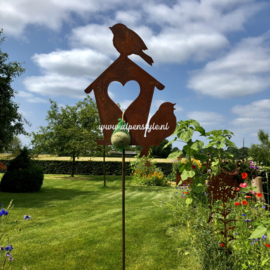 Vogeltjes op huisje, tuinsteker, 42 x 30 x 160 cm, Roest Metaal Decoratie