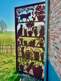 Tuinscherm "Katten in de tuin" 2.00 x 1.00 meter, Roest Metaal Tuindecoratie