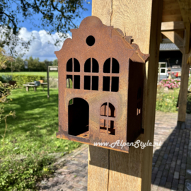 Voederhuis "Grachtenpand" hangend. 28 x 18 cm. Roest metaal tuindecoratie