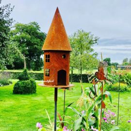 Vogelhuis (kasteel) tuinsteker, 45 x 22 x 165 cm. Roest Metaal Decoratie