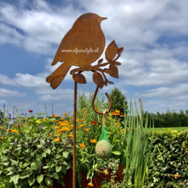 Vogel op takjes, tuinsteker met haak. 160 x 26 cm. Roest Metaal Decoratie