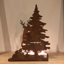 Kaarsenhouder Hert en Dennenboom, 24 x 15 x 12 cm, Roest Metaal Decoratie