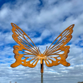 Vlinder Tuinsteker, (koninginnenpage) sierlijk uitgesneden, 36 x 35 x 130 cm, Roest Metaal Tuindecoratie