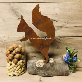 Eekhoorn "pottenkijker" 35 cm. Roest Metaal Decoratie