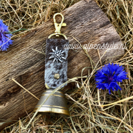 Bel "Glocke" met riem van leer/vacht, 13 x 4 x 4 cm