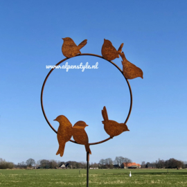 6 vogels in ring, tuinsteker. Diameter 40 cm, lengte 160 cm. Roest Metaal Decoratie