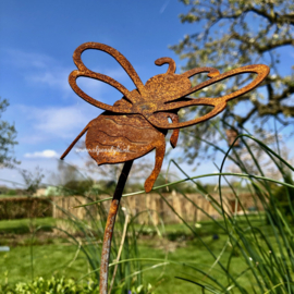 Dansende Bij op krulstaaf, 10 x 58 cm. Roest Metaal Decoratie