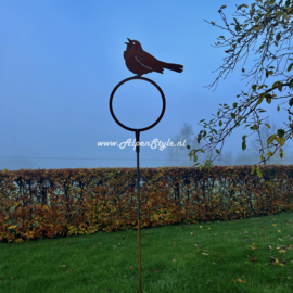 Zingende vogel ring tuinsteker, 150 x 22 xm. roest metaal decoratie