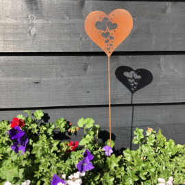 Hart tuinsteker met hartjes, 50 x 16 cm. Roest Metaal Decoratie