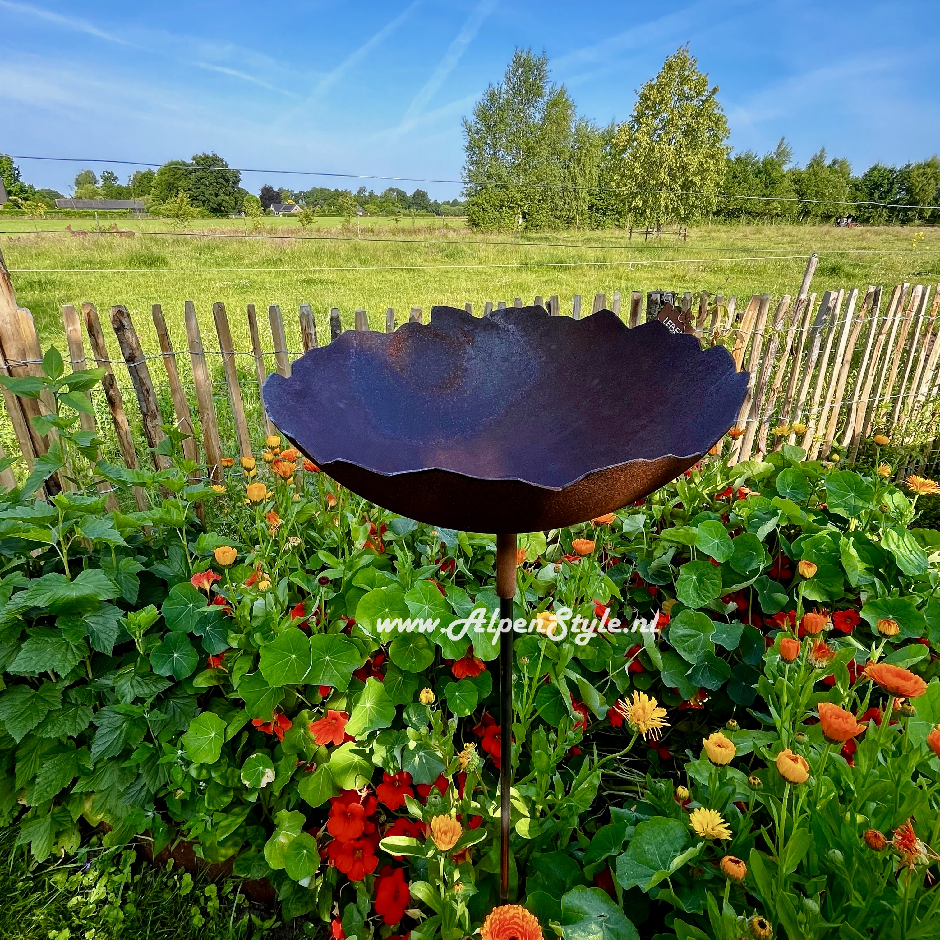 Vogeldrinkschaal (bad) 127 x 24 cm. Roest metaal tuindecoratie