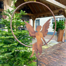Zittende Engel/fee in ring tuinsteker. 150 x 30 cm. Roest Metaal Decoratie