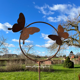 2 vlinders op ring tuinsteker. ⌀ 30 cm x 158 cm. Roest Metaal Tuindecoratie