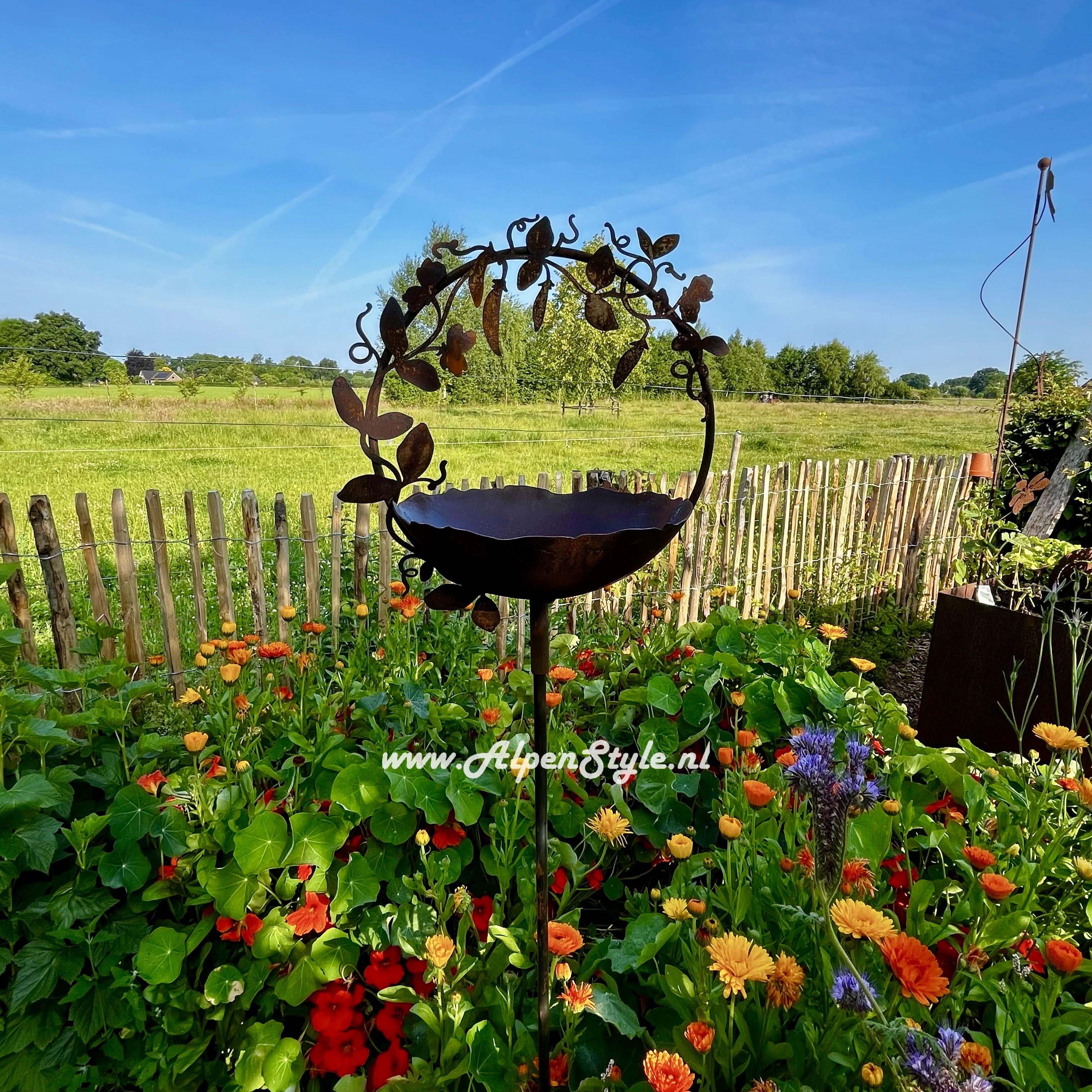 Vogeldrink bad met sierlijke erwtenranken, 154 x 37 cm. Roest metaal tuindecoratie
