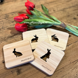 AlpenStyle houten onderzetters,  konijnen (set van 4)