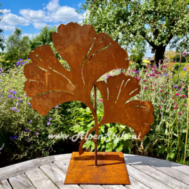 Ginkgo met 2 bladeren op standaard. 50 x 44 cm. Roest Metaal Tuindecoratie